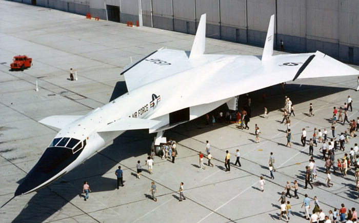 North American XB-70A Valkyrie 3/4 front view (top) at the rollout. (U.S. Air Force photo)