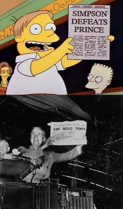 Газета Chicago Tribune з новиною про те, що Дьюї переміг Трумена, а Сімпсон - принца 