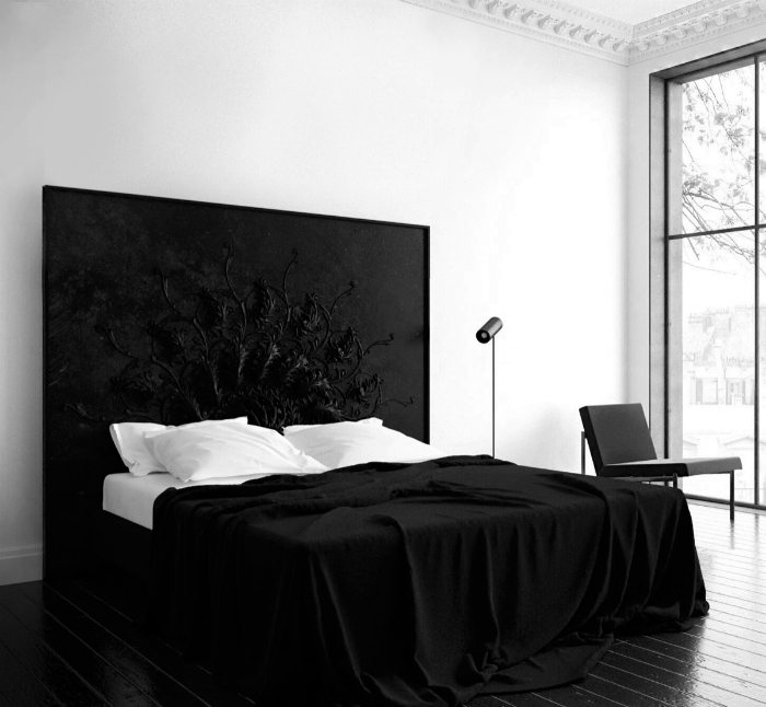 Контрастна чорно-біла спальня.
