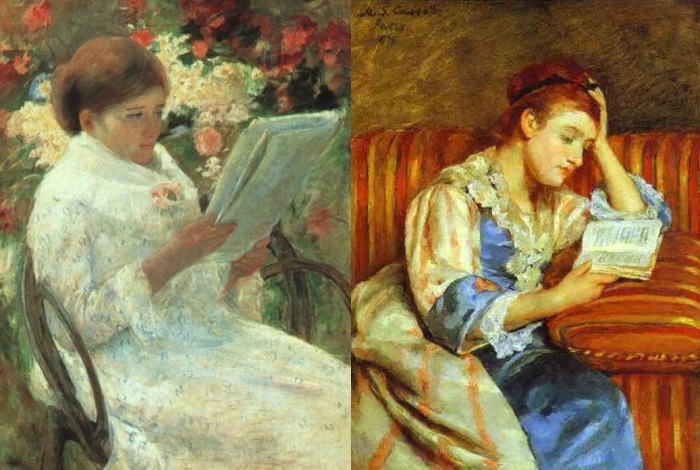 Мері Кассат. Зліва - * Жінка, яка читає в саду *, 1880. Праворуч - * Молода жінка за читанням *, 1876 