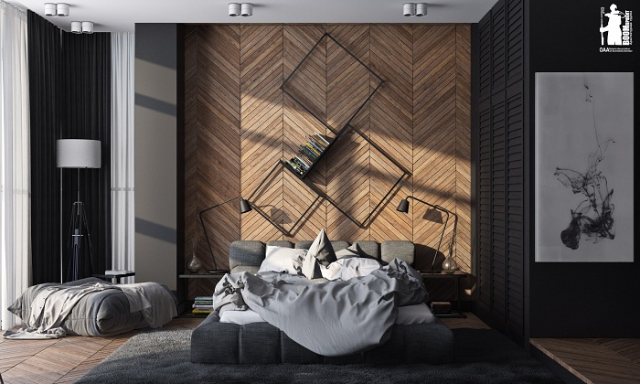 Цікаве рішення облаштувати інтер'єр кімнати завдяки дерев'яній стіні.